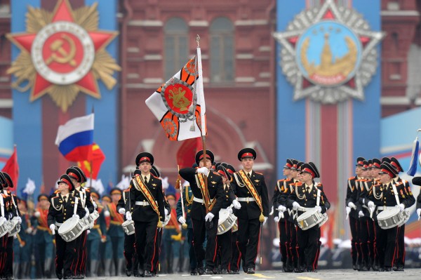 Young musicians, students of Russian military boarding school, march to open Victory Day parade at the Red Square in Moscow, on May 9, 2012. Thousands of Russian soldiers marched today across Red Square to mark the 67 years since the victory over Nazi Germany in World War II. AFP PHOTO / KIRILL KUDRYAVTSEVKIRILL KUDRYAVTSEV/AFP/GettyImages ORG XMIT: